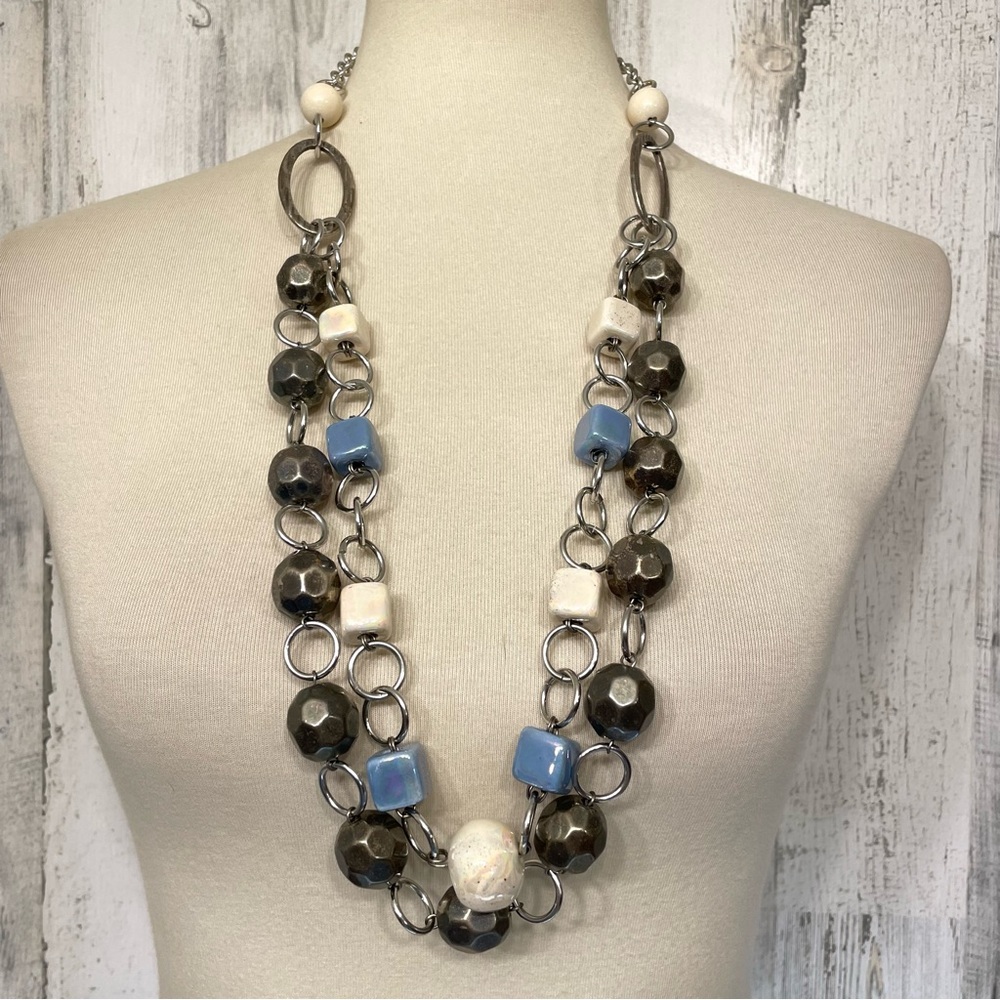 Beautiful Signed Made In Italy Chunky Beaded Double Strand Silver Tone Necklace